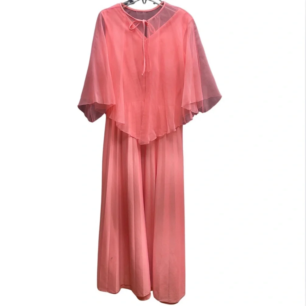 Vintage 1960s Orange V-Neck Sleeveless Pleated Dress With Sheer Tie Cape Sz M - Picture 2 of 8